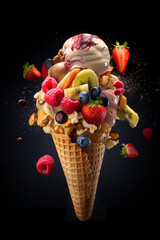 An ice cream cone loaded with rich fresh fruit and nuts. Strawberries, kiwis, raspberries and blueberries in a delicious healthy and vitamin-rich ice cream. Generative AI