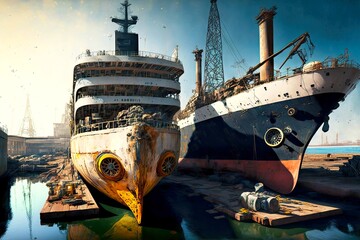 Canvas Print - Rusty old ships preparing to repair hull shipbuilding, created with generative ai