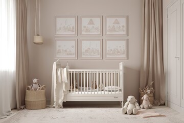 Wall Mural - Nursery frame mockup with 3 frames in portrait orientation, front view, hight detail and neutral colors