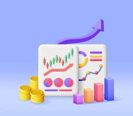 Poster - 3D Financial Reports with Cash Money and Chart. Render Stock Pie Shows Growth. Financial Data Analysis, Business Research, Financial Market Trade. Money and Banking. Vector Illustration