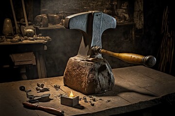 Poster - Small anvil in form of hammer on stand stands on table in workshop, created with generative ai