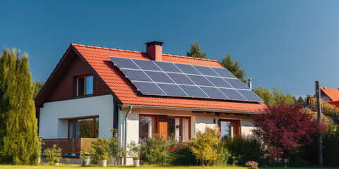 Wall Mural - Solar panels on roof of the modern house, photovoltaic green renewable energy powered home, ecology, nature harmony, generative, ai