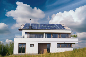 Wall Mural - Solar panels on roof of the modern house, photovoltaic green renewable energy powered home, ecology, nature harmony, generative, ai