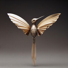 Isolated Gold Clockwork Hummingbird. Mysterious Fantasy Object. 