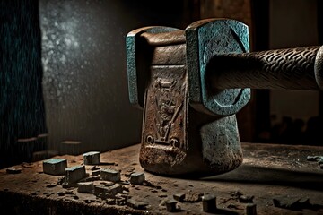 Poster - Antique massive metal hammer lies next to anvil in forge, created with generative ai