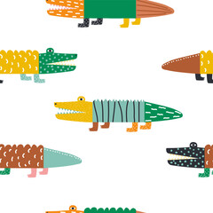 Seamless pattern with funny doodle crocodiles. Cute childish print. Vector hand drawn illustration.