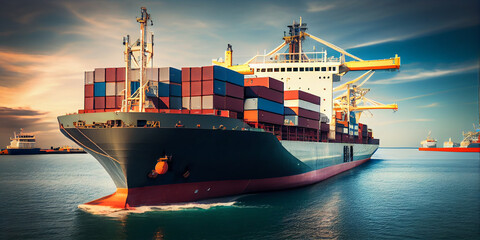 Wall Mural - Logistics and transportation of International Container Cargo ship in the ocean at twilight sky, Freight Transportation, Shipping. Generative Ai.