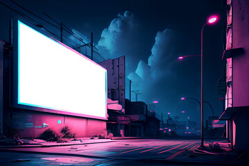 Neon future Illustration sketch of the futuristic city in the style of cyberpunk. Empty street with neon lights and big glowing billboard mockup. Night cityscape. Generative ai.