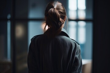 Wall Mural -  a woman standing in a dark room looking out a window at the outside of the room, with her hair in a high bun, and a ponytail in a ponytail.  generative ai