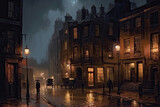 Fototapeta Londyn - Old European city street landscape, night city in the rain painting, historical cityscape, London street of 19th century, generative AI