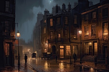 Old European City Street Landscape, Night City In The Rain Painting, Historical Cityscape, London Street Of 19th Century, Generative AI