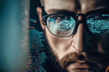 Closeup of coder in goggles with reflection of monitor with code working on computer, developing software, testing security system, focused on screen with programming language. Generative AI