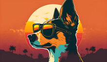 Dog Wearing Sunglasses Vintage 60s Sunset Vector Illustration Gradient Flat Color, The Image Was Created With The Help Of Artificial Intelligence.