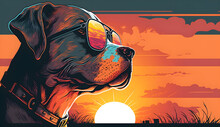 Dog Wearing Sunglasses Vintage 60s Sunset Vector Illustration Gradient Flat Color, The Image Was Created With The Help Of Artificial Intelligence.