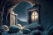Dark holy empty tomb in cave in cemetery, created with generative ai