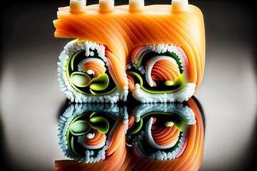 Poster - Japanese sushi set dishes rolls with salmon fish and rice, created with generative ai