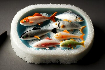 Poster - Frozen fish in ice for watching Japanese cuisine sushi set, created with generative ai