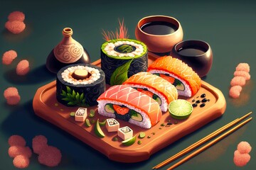 Sticker - Mini sushi set with rolls rice pasta miso on tray, created with generative ai