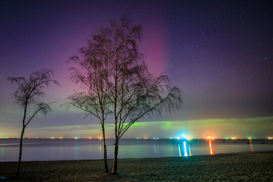 amazing aurora over the baltic sea in gdansk, poland.