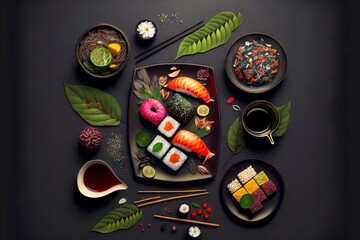 Poster - Traditional japanese cuisine oriental dish sushi set, created with generative ai