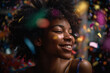 Celebrating happiness, young afro american woman dancing with big smile throwing confetti. Party, holidays and birthday concept. Generative AI
