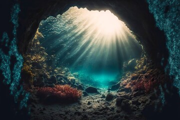 Wall Mural - underwater cave with coral reefs deep on ocean floor in rays of sun, created with generative ai