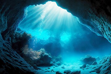 Poster - Coral reefs marine life journey to bottom of underwater cave in ocean, created with generative ai