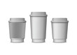 Paper cup realistic mockup. Coffee take away mug, disposables eco cups with plastic lid for cafe and bar. Hot drinks pack pithy vector collection