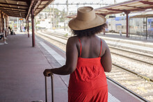 Vacation Travel, Woman With Suitcase Waiting For The Train In Summer