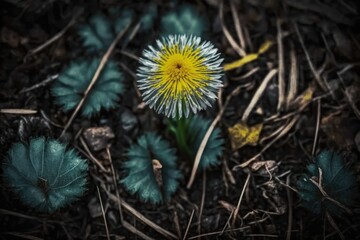 Wall Mural - dandelion flower on forest floor surrounded by pine needles, created with generative ai