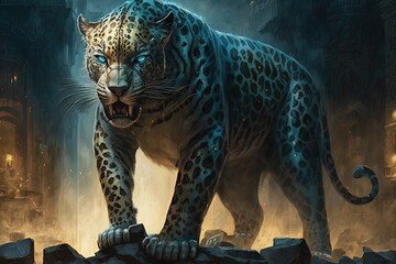 Wall Mural - primeval strength: capturing the ferocity of a fantasy jaguar generative ai