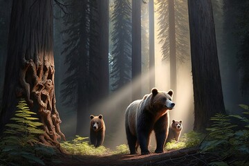 Wall Mural - redwood bears, guardians of the woodlands generative ai