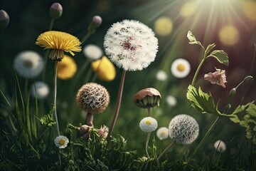 Wall Mural - dandelion surrounded by other springtime blooms in sunny meadow, created with generative ai