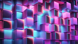 Fototapeta Londyn - Seamless frosted etched glass 80s holographic purple aesthetic stacked isometric cube wall background texture. Abstract shiny pink and blue neon blur geometric squares surreal pattern. Generative ai