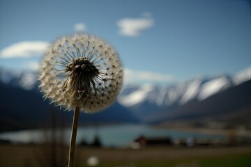 Canvas Print - dandelion seed head in the wind, with view of scenic mountain range, created with generative ai