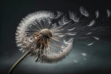 Sticker - dandelion seed head in the wind, with seeds drifting away and flying, created with generative ai