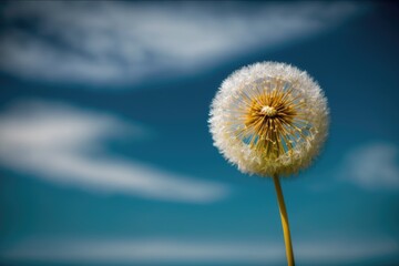 Wall Mural - dandelion against blue sky with fluffy clouds, created with generative ai