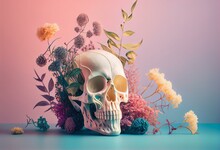 Abstract Idea Made Of Skull With Colorful Dry Flowers On Pastel Pink Background. Halloween Skull Or Day Of The Dead Concept. Generative AI