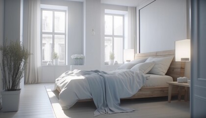 Wall Mural - elegant white modern bedroom interior on sunny day, Generative IA