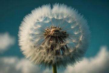 Poster - dandelion seed head surrounded by fluffy clouds in the sky, created with generative ai