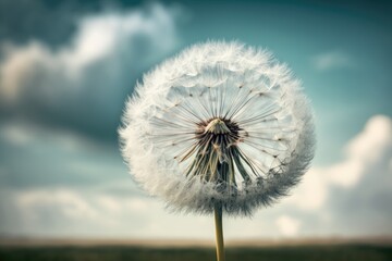 Poster - dandelion seed head surrounded by fluffy clouds in the sky, created with generative ai