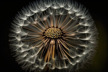 Poster - close-up of dandelion seed head, with seeds ready to disperse, created with generative ai