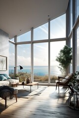 photographic rendering of a modern living room of a seaside house with a large window overlooking the ocean, very bright room with natural lighting coming from a skylight, Generative IA