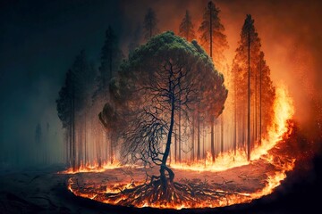 Poster - Big trees burn during big wildfire forest, created with generative ai