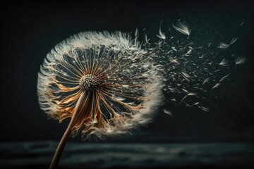 Wall Mural - dandelion seed head in the wind, flying seeds, created with generative ai