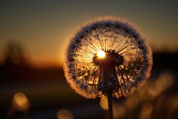 Sticker - dandelion seed head with the sun shining in the background, created with generative ai