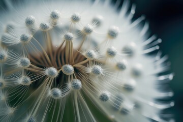 Poster - close-up of dandelion with seeds and fluffy white tufts in nature, created with generative ai