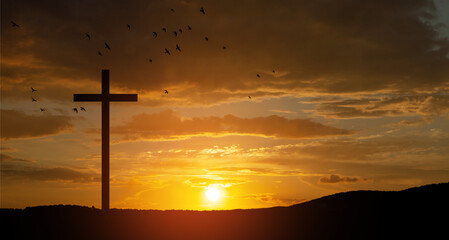 Wall Mural - Christian cross on hill outdoors at sunrise. Resurrection of Jesus.