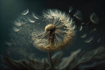 Poster - dandelion in the wind, with delicate yellow seeds floating away, created with generative ai