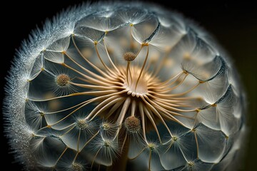 Poster - close-up of dandelion seed head, with delicate fluff and seeds, created with generative ai